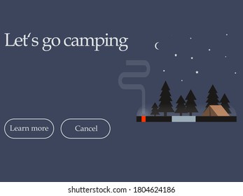 Camping landing page. Web layout with two buttons. Learn more and Cancel button. Lettering let's go camping.