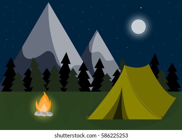 Camping landscape background in flat design. Mountain hike objects.  