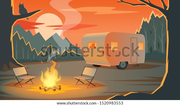 Camping landscape with camper, silhouettes\
loving couple in the trailer, mountains, forest and bonfire in\
evening, owl on a branch, sunset, outdoor recreation, travelling,\
vector illustration