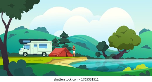 Camping Landscape. Cartoon Countryside With Forest Lake And Camp, Beautiful Nature Scene With A Couple In Love. Vector Illustration Summer Vacation On Blossoming Nature Background