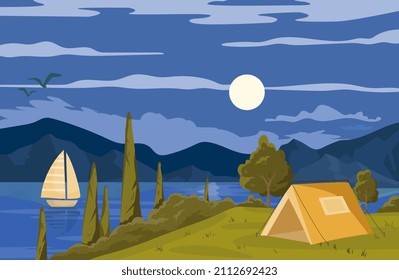 Camping landscape concept. Tourists have rest in nature, beautiful tent on river bank. Rest, beautiful boat in night water, moon in sky. Vacation and adventure. Cartoon flat vector illustration