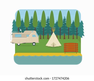 Camping landscape illustration, van, forest, tipi tent, canoe. Summer vacation in nature, flat style, isolated vector illustration.