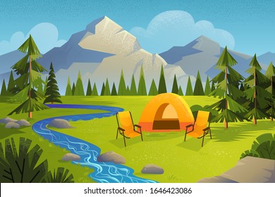 Camping landscape with mountains background. Tents in a pine forest on the grass. Summer camping on the nature near the river. Eco tourism. Concept of outdoor recreation. Vector stock illustration.