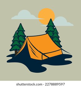 Camping con carpa de paisaje y árbol