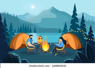 Camping landscape with tents and people. People near the fire at night or evening. Camping in the mountains near forest and lake. Summer rest in the mountains. Vector stock background illustration.