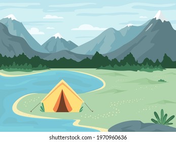 Camping landscape. Vector Concept of Outdoor recreation, adventures in nature, family vacation. Tent, lake, forest and rocky mountains background. Climbing, Trekking, Hiking, Walking. 
