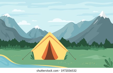 Camping landscape. Vector Concept of outdoor recreation, family vacation, adventures in nature. Tent, lake, forest and rocky mountains background. Climbing, Treking, Hiking, Walking. 