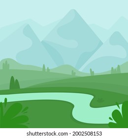 Camping landscape. View from the tent to the mountains, forest and river. Background for developing the concept of a summer camp, nature tourism, camping or hiking. Outdoor recreation. Vector