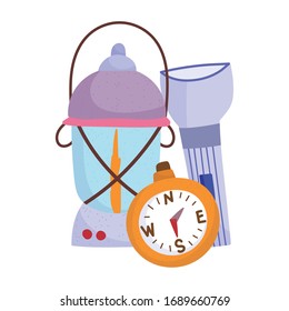 camping lantern and compass equipment.  cartoon vector illustration