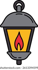 a camping lantern with a flame is lit 