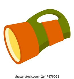 Ícone de lanterna de acampamento. Lanterna com alça verde e cabeça laranja, alça de alça larga e luz amarela no interior. Estilo plano, cores brilhantes, em fundo branco.
