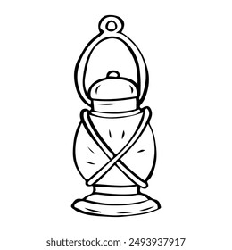 Camping lantern hand drawn in doodle style. Lighting while hiking. Gas, kerosene, electric lamp. Vector line art illustration.