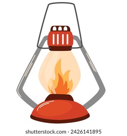 Camping lantern with handle. Tourist Kerosene lamp for garden, camping, hike, forest walk. Vector Cartoon illustration isolated on the white background