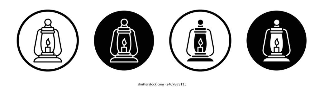 Camping lantern icon set. Old camp vintage gas lamp vector symbol in a black filled and outlined style. old oil lamp sign.