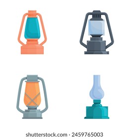 Camping lantern icons set cartoon vector. Handle gas lamp for tourist hiking. Lighting equipment