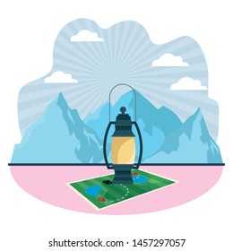 Camping lantern on adventure map nature mountains scenery background ,vector illustration graphic design.