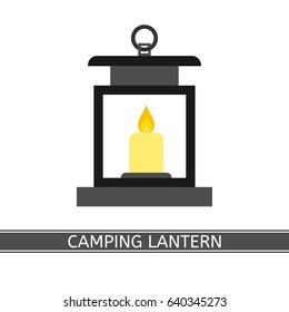 Camping lantern vector icon with glowing candle, isolated on white background, in flat style