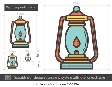 Camping Laterne, Vektorsymbol einzeln auf weißem Hintergrund. Camping Laterne Line Icon für Infografik, Website oder App. Skalierbares Symbol, das auf einem Gittersystem entworfen wurde.