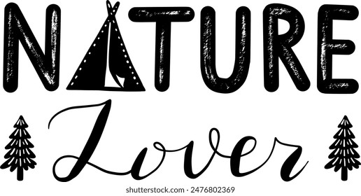 Letras de camping, cita de aventuras para impresión, tarjeta, camiseta, taza, Plantilla, Diseño web. Vector doodle ilustración amante de la Naturaleza
