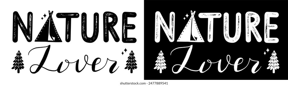 Letras de camping, cita de aventuras para impresión, tarjeta, camiseta, taza, Plantilla, Diseño web. Vector doodle ilustración amante de la Naturaleza
