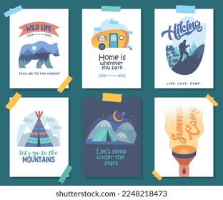 Camping lettering cards set. Collection of graphic elements for website. Travel and adventure, active lifestyle and hiking, tent. Cartoon flat vector illustrations isolated on green background