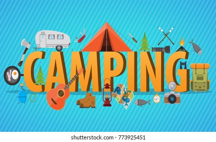 camping lettering concept. Big text with travel elements, tent, guitar, backpack, trailer, map, compass, food vector illustration flat
