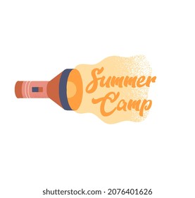 Camping lettering icon. Sticker with glowing lantern and inscription. Summer camp. Tourism and travel. Design element for postcards. Cartoon flat vector illustration isolated on white background