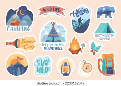 Camping lettering stickers set. Collection of graphic elements for website. Hiking, travel and tourism, active lifestyle concept. Cartoon flat vector illustrations isolated on beige background