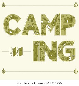Camping Lettering. Travel Postcard. Vector illustration in outline style