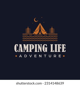 Camping life adventure vector logo design. Tent in forest logotype. Wildlife and nature logo template.