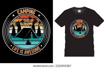 camping life is awesome premium vector and typography outdoor t shirt design.camping house ,tree, beer glass etc. Ready for print, shirts, banner, poster,