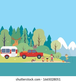 Camping life background. Woodland landscape. Vector illustration. 
