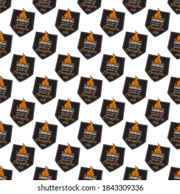 Camping life badges pattern. Camping Adventure seamless background with campfire and text. Stock vector texture