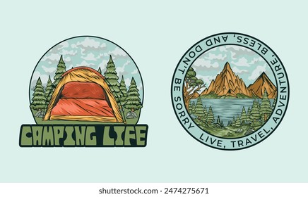 Camping Life Ilustración vectorial de diseño de logotipo dibujado a mano	