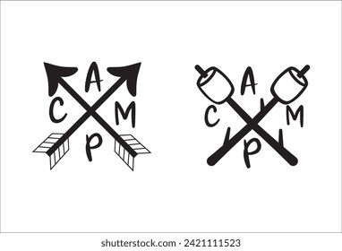 Camping life saying or quote vector design. Camp word spelling in crossed marshmallow arrow sign. Isolated on white transparent background. Great theme design for shirt, mug, decor, souvenir and more