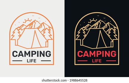 Camping life with van mountain tree and sun and camp fire camping logo emblem with color variant for t-shirt design and many others, vector illustration