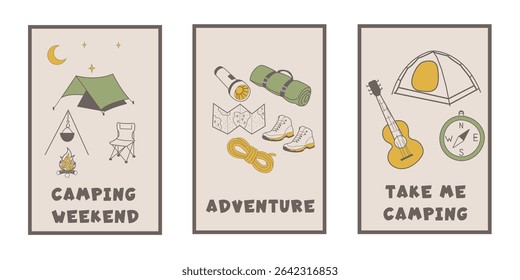 Camping life Vertical simple camping poster set. . Flyer banner for forest adventure, summer travel camp illustration. vector art