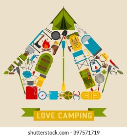 Camping lifestyle background with camp icons stylized into tourist tent shape. Love camping card with vector hiking elements. Forest hiking trip gear and accessories. Summer travel adventure backdrop.