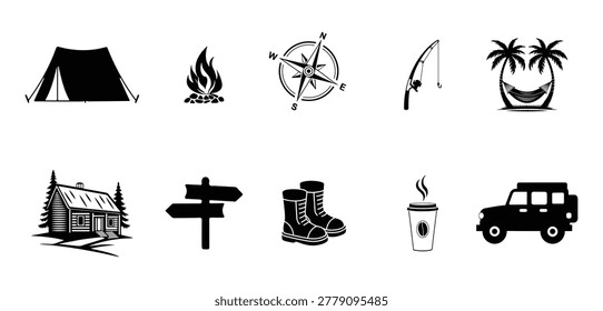 Camping lifestyle vector icon set for outdoor adventure, hiking, fishing and road trip design 

