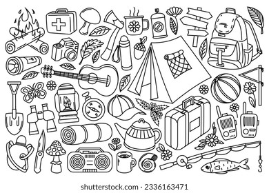 Camping line art illustration set. Collection of camping doodle illustrations with black thin line. Summer holydays, vacation, travel, picnic, tour drawings, line art vector design elements.