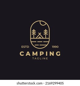 Camping line art logo badge vector illustration design