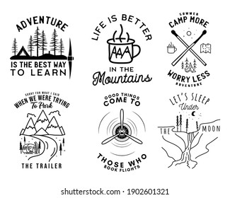 Camping line art logo designs set. Vintage adventure emblems. Camp label, hiking badges bundle. Silhouette linear concept. Stock vector collection