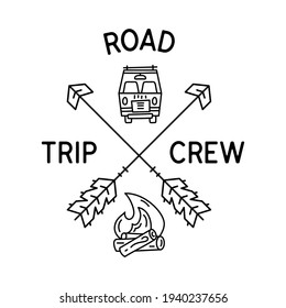 Camping line art road trip crew logo design. Vintage adventure linear badge design. Outdoor crest label with arrows and RV trailer. Travel silhouette emblem isolated. Stock vector isolated