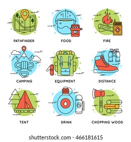 Camping line concept icon set with descriptions of pathfinder food fire camping distance tent vector illustration
