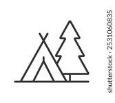 Camping, in line design. Camping, tent, campfire, outdoor, nature, campsite, hiking on white background vector. Camping editable stroke icon