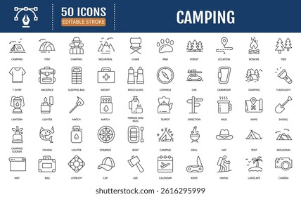 Camping line editable icon set. Containing Hiking, Compass, Mountain, Fishing, Carabiner, Climbing, Map, Flashlight, Backpack, Tent, Camp and more. Vector Illustration