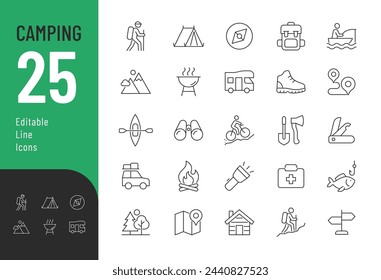 Camping Line Editable Icons set. Vector illustration in modern thin line style of outdoor activities related icons: hiking, fishing, mountain biking, and more. Pictograms and infographics for mobile.