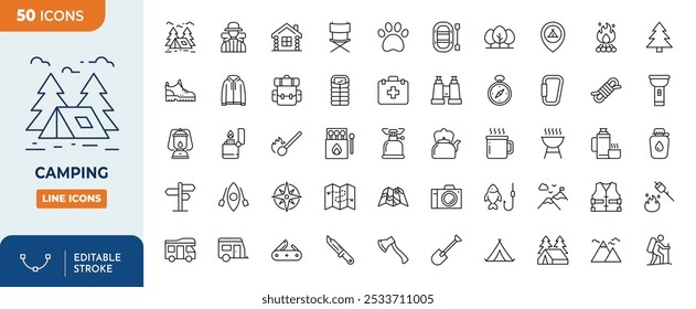 Camping Line Editable Icons set. The set includes a Camping, Hiking, Compass, Mountain, Fishing, Tourism, Carabiner, Climbing, Kayak, Map, Flashlight, Backpack, Tent, Camp