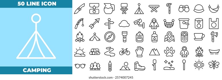 Camping Line Editable Icons set. Vector illustration in modern thin line style of camping icons: Camp, tent, fishing, nature, picnic table, etc