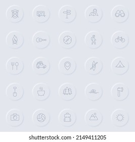 camping line gray icons on round rubber buttons. camping icon set for web, mobile apps, ui design and promo business polygraphy